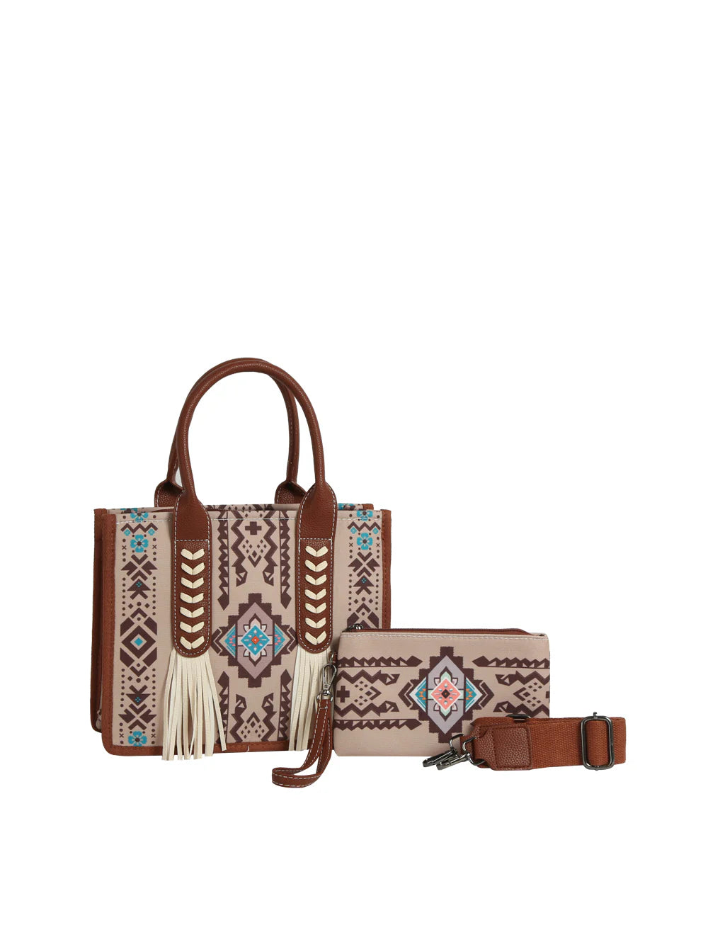 The Aztec Pattern Tote Set includes two matching bags: a canvas tote with brown handles and strap, geometric tribal designs in brown, beige, blue, and red, white tassels on the larger bag, and a detachable strap for styling versatility.