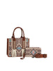 The Aztec Pattern Tote Set includes two matching bags: a canvas tote with brown handles and strap, geometric tribal designs in brown, beige, blue, and red, white tassels on the larger bag, and a detachable strap for styling versatility.