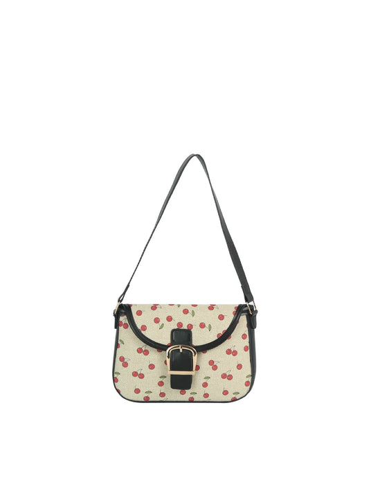 Cherry Print Canvas Front Flap Shoulder Bag