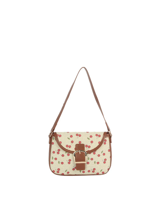 Cherry Print Canvas Front Flap Shoulder Bag
