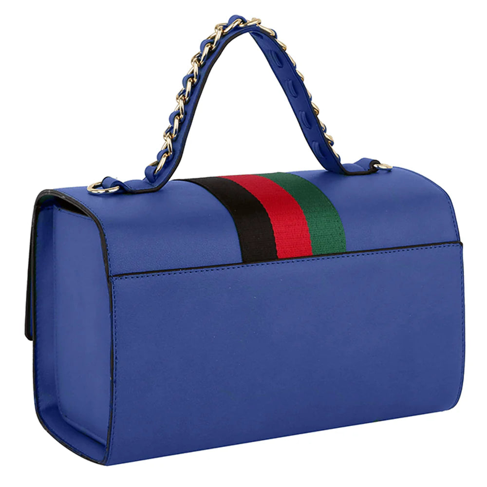 The Bee Pendant Patent Satchel Handbag Set includes a blue rectangular faux leather bag with a top handle, gold-tone hardware, chain details, and black, red, and green striped flap. Comes with a matching wallet.