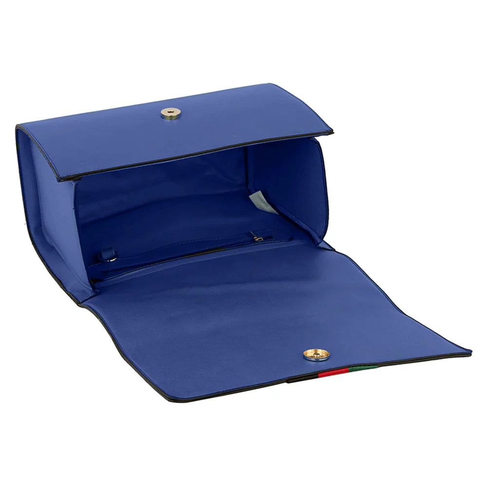 The Bee Pendant Patent Satchel Handbag Set features a blue rectangular clutch with gold-toned hardware, snap button closure, zippered pocket, flat interior, blue lining, and a small Italian flag detail near the flap edge.