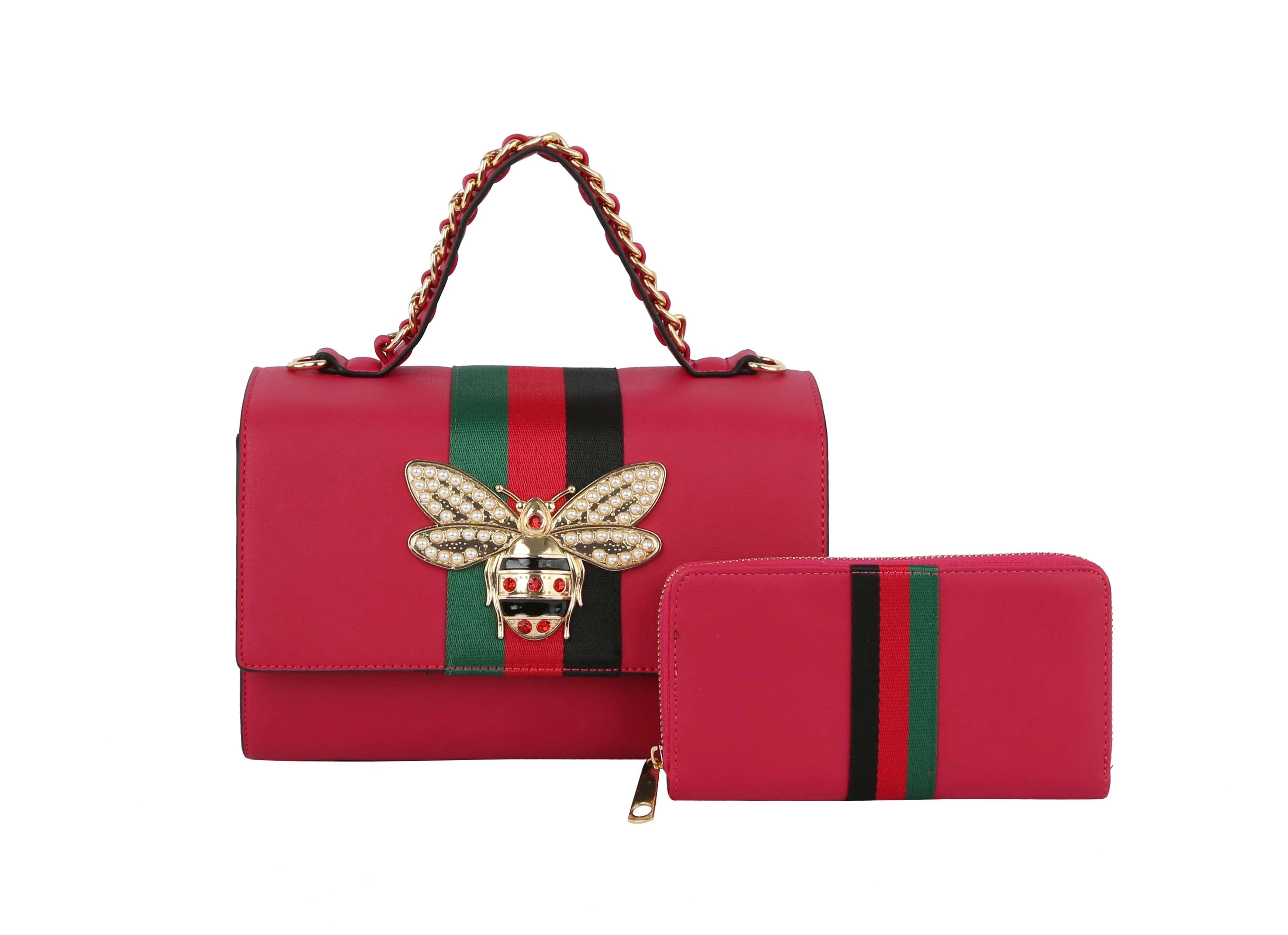 The Bee Pendant Patent Satchel Handbag Set includes a matching red faux leather handbag and wallet, both with green and black stripes. The handbag features gold-tone hardware, a jeweled bee detail, and a chain handle.