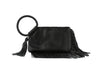 The Fringe Accented Wristlet Clutch Bag features black faux leather, fringe detailing on one side, a braided circular wrist strap, gold-toned hardware, and a matching leather tassel attached to the strap.