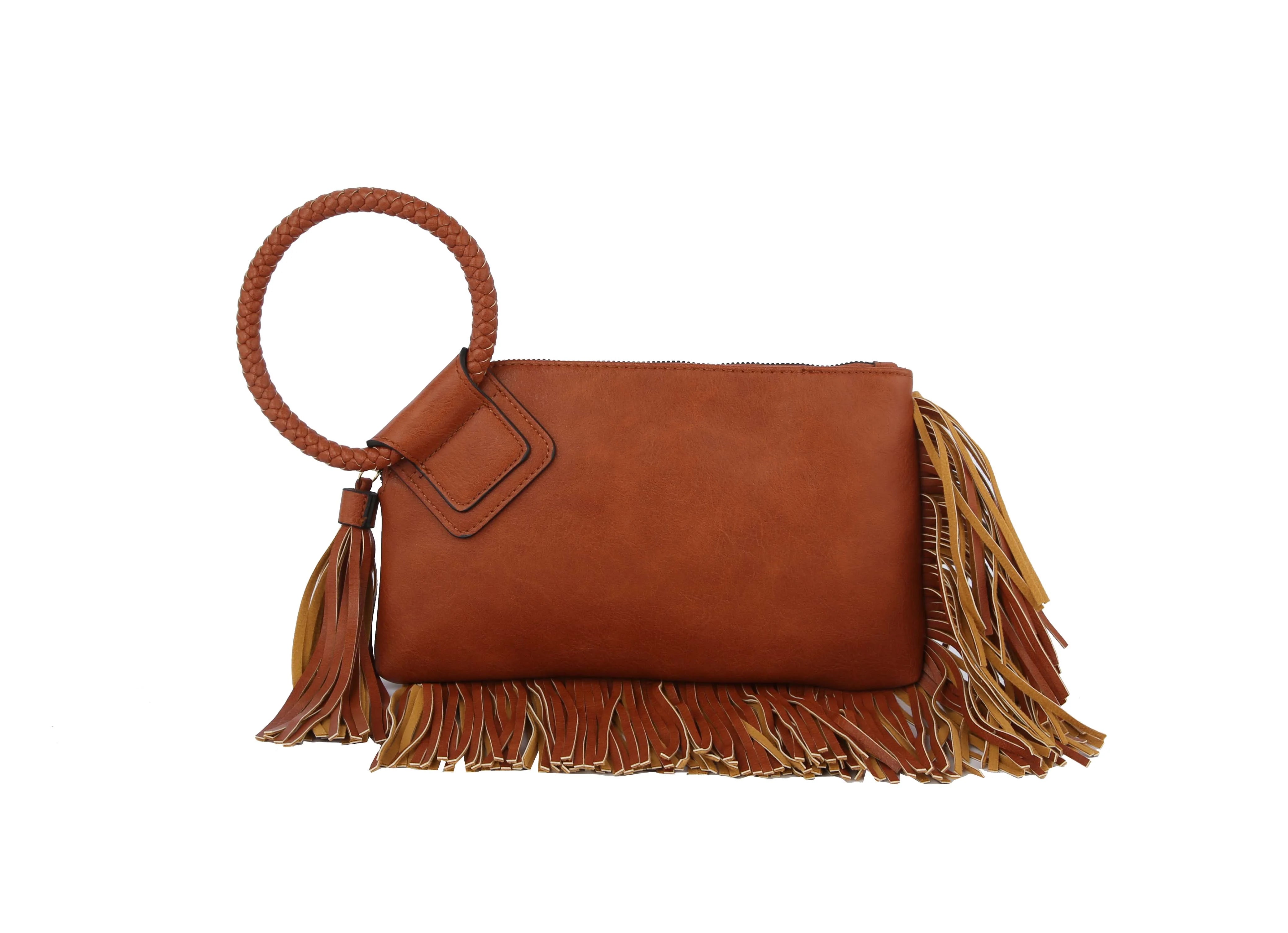 Fringe Accented Wristlet Clutch Bag in brown faux leather features a large braided handle, decorative tassel, gold-toned hardware, and fringe detailing along the bottom and side, shown on a white background.