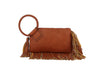 Fringe Accented Wristlet Clutch Bag in brown faux leather features a large braided handle, decorative tassel, gold-toned hardware, and fringe detailing along the bottom and side, shown on a white background.