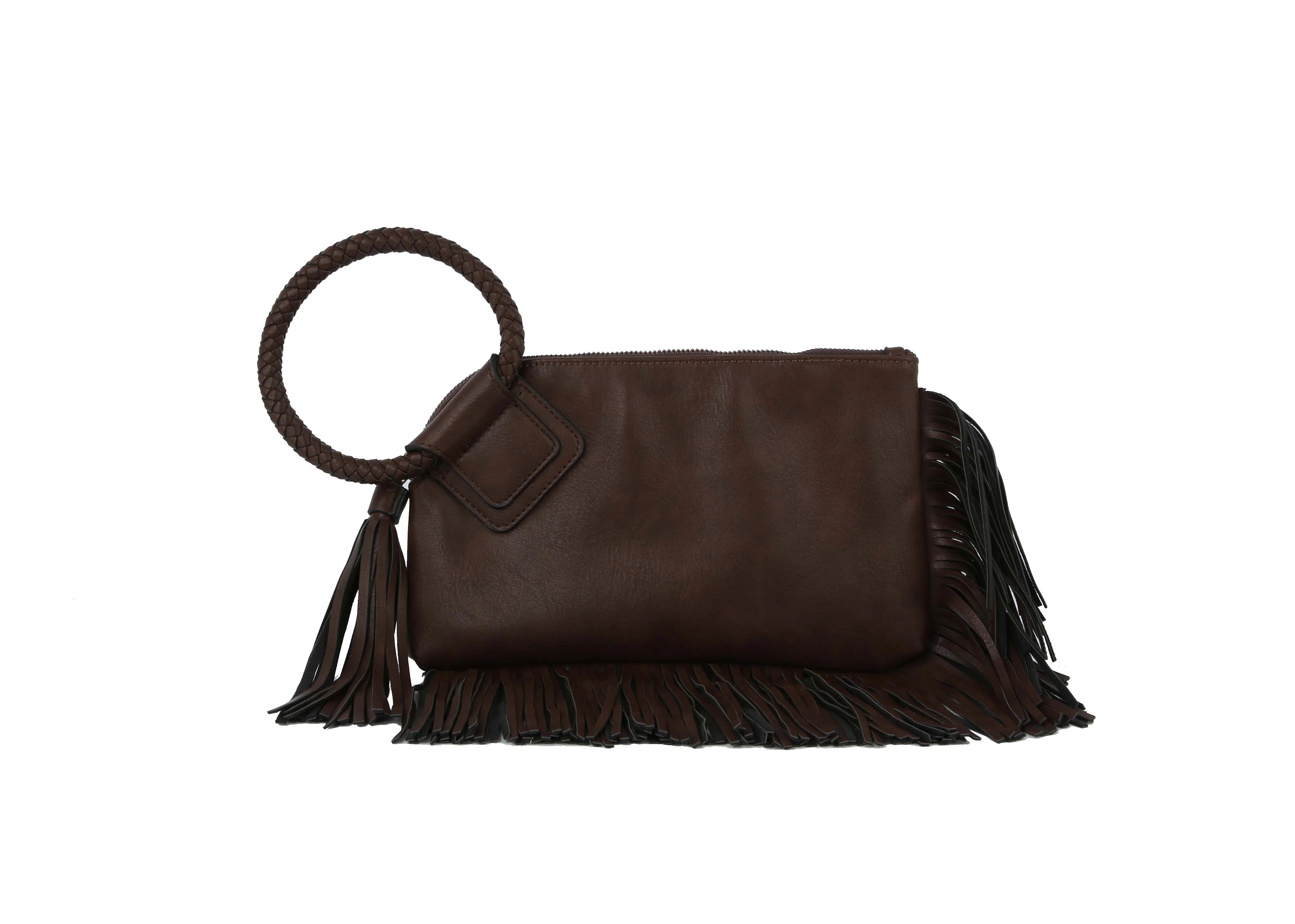 The Fringe Accented Wristlet Clutch Bag is a dark brown faux leather clutch with fringe along the bottom and side, a braided circular handle, gold-toned hardware, a tassel accent, and a secure zip closure.