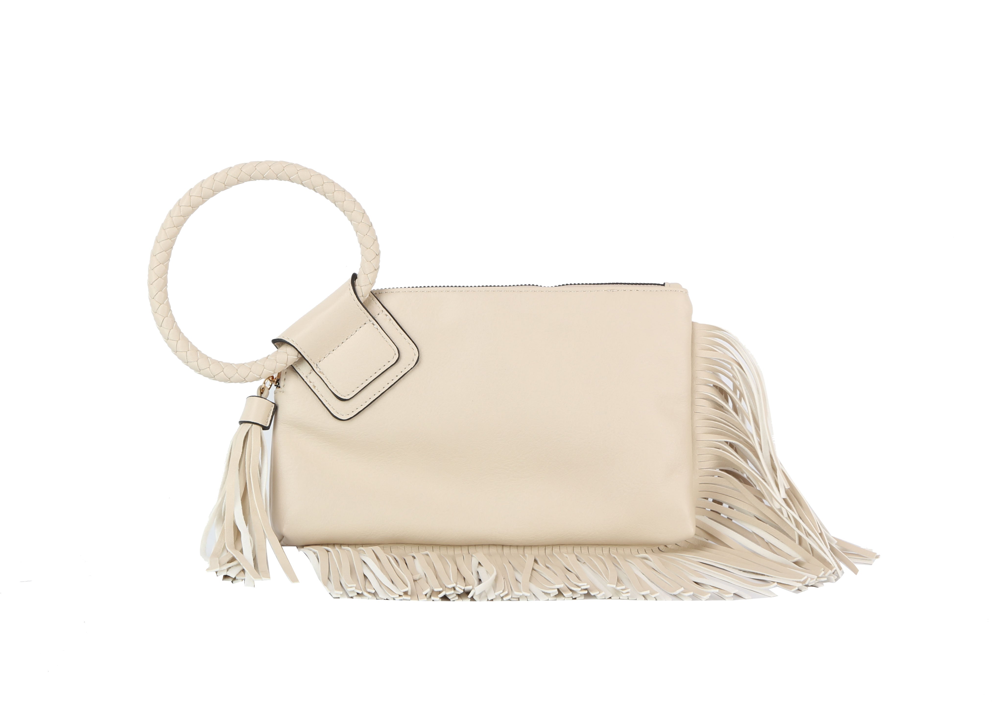 The Fringe Accented Wristlet Clutch Bag is a cream faux leather clutch with a braided circular handle, gold-tone hardware, decorative tassel, zip closure, and fringe accents along the bottom and side.