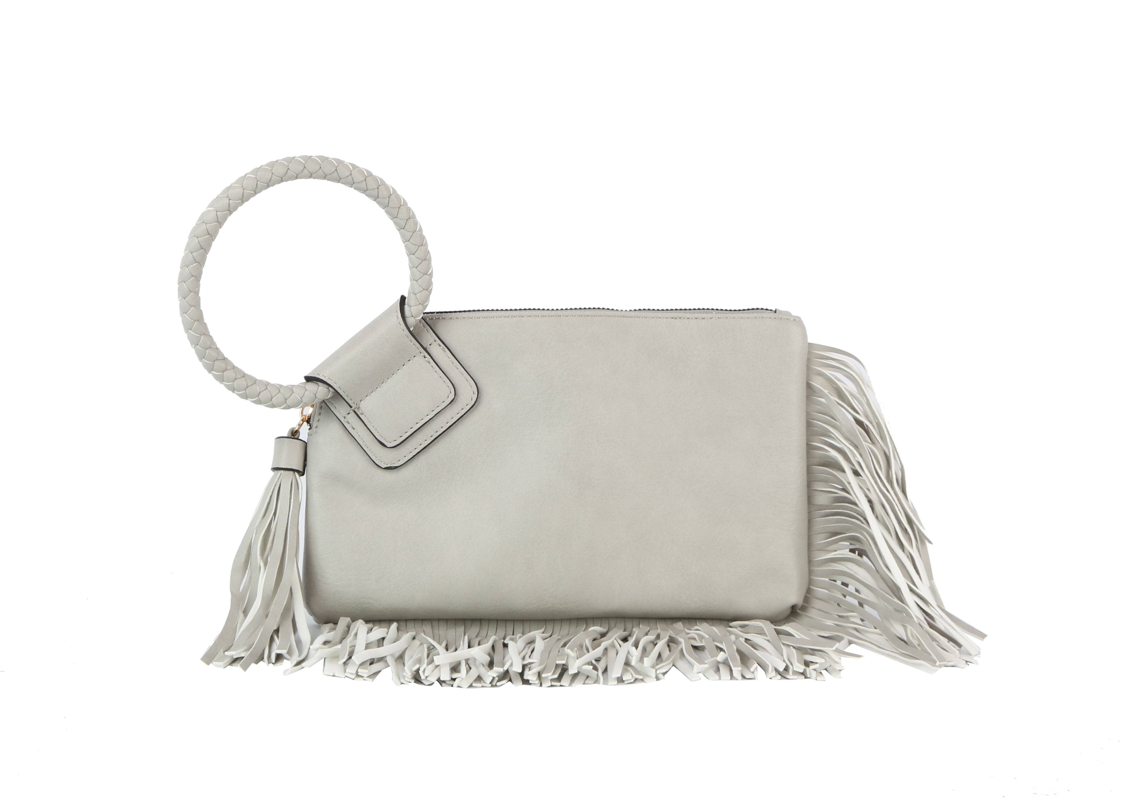 The Fringe Accented Wristlet Clutch Bag is a light gray faux leather handbag featuring a large braided circular handle, zip closure, gold-toned hardware, and decorative fringe along the right side and bottom edge.