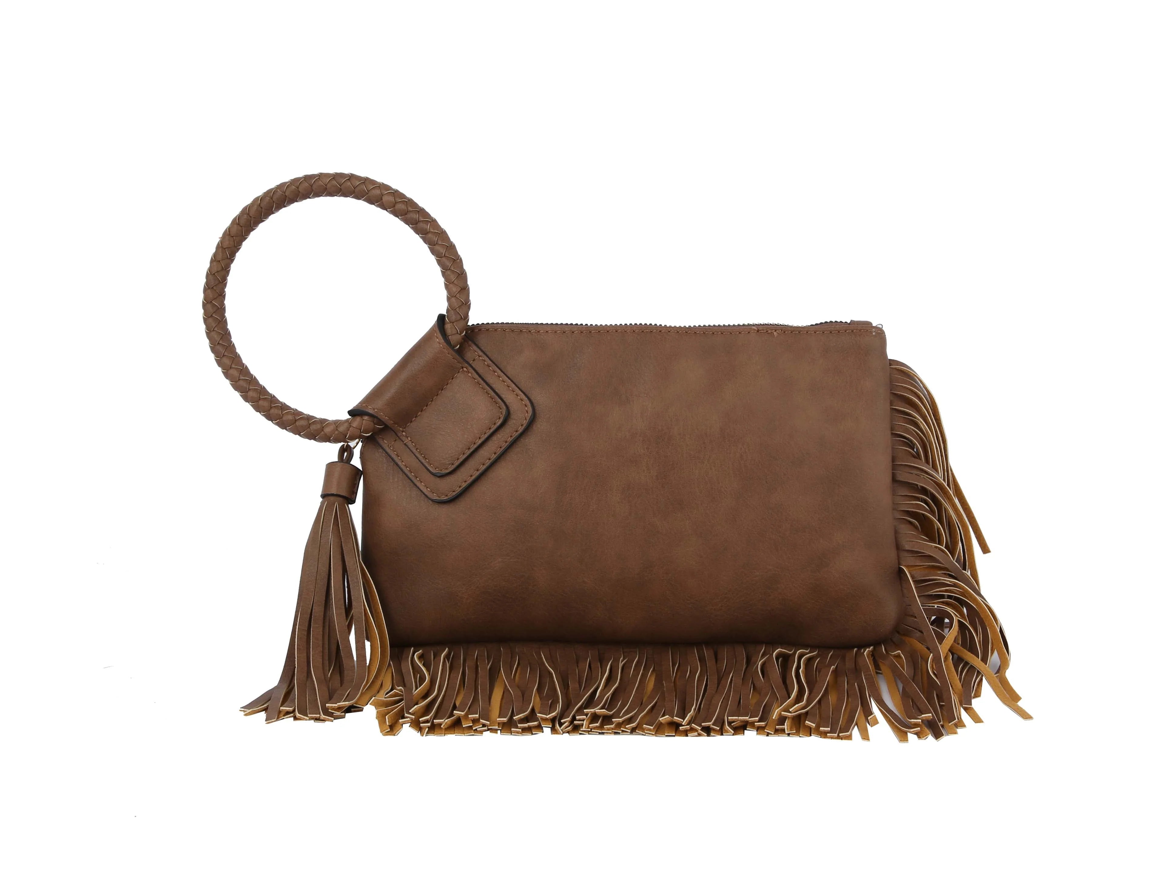 The Fringe Accented Wristlet Clutch Bag features brown faux leather, a braided handle, zip closure, gold-toned hardware, tassel detail, and fringe along the bottom and sides.