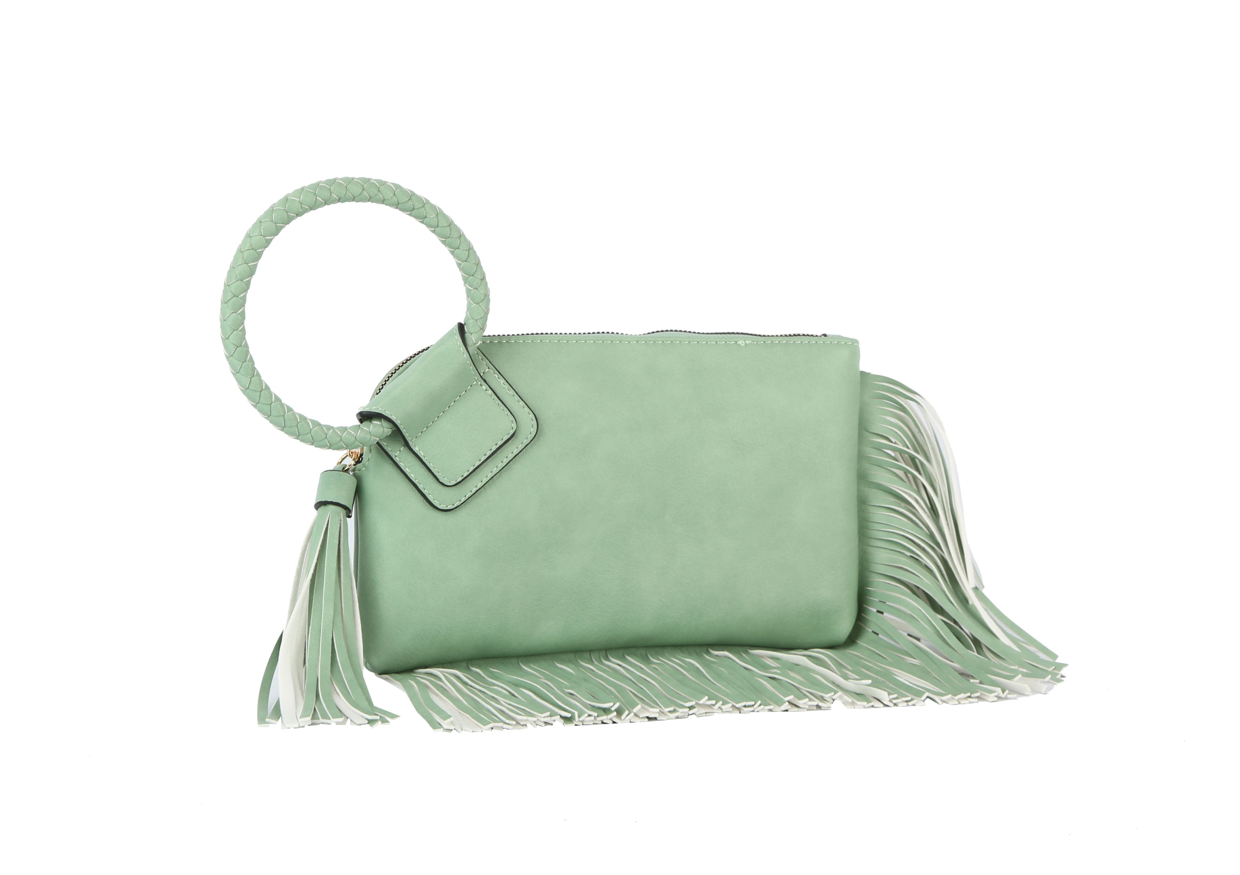 A mint green Fringe Accented Wristlet Clutch Bag with faux leather, a large braided handle, zip closure, tassel accent, and fringe details along the bottom and right side, shown on a white background.