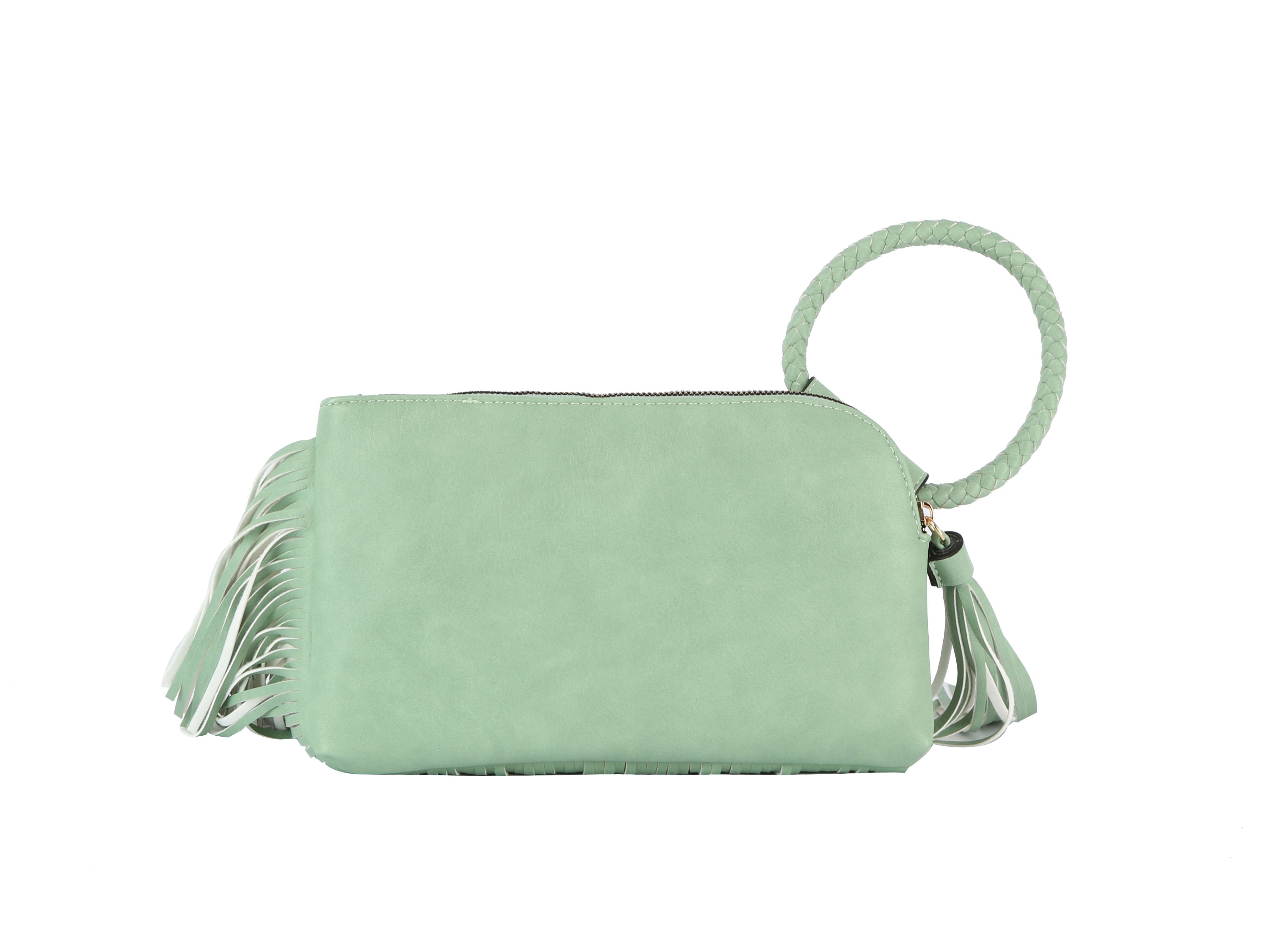 The Fringe Accented Wristlet Clutch Bag features mint green faux leather, a braided circular handle, zip closure, gold-toned hardware, and side fringe details. Displayed against a white background.