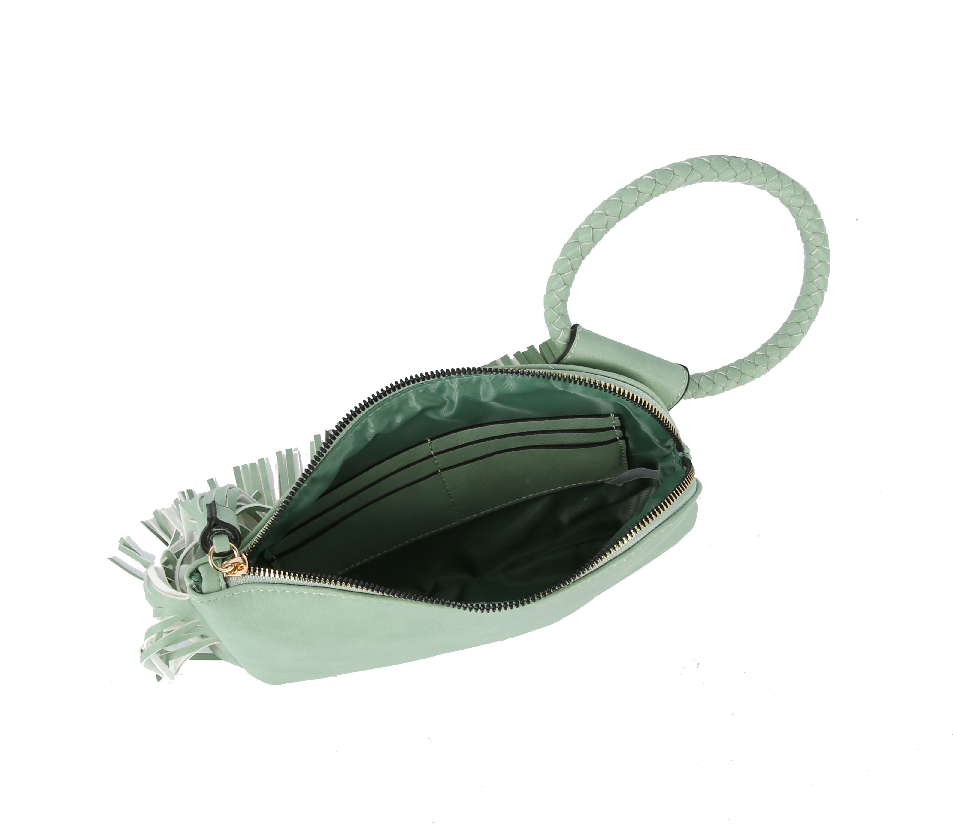 The Fringe Accented Wristlet Clutch Bag is a light green faux leather handbag with a braided handle, zip closure, fringe accents, gold-toned hardware, and an organized interior with compartments and card slots.