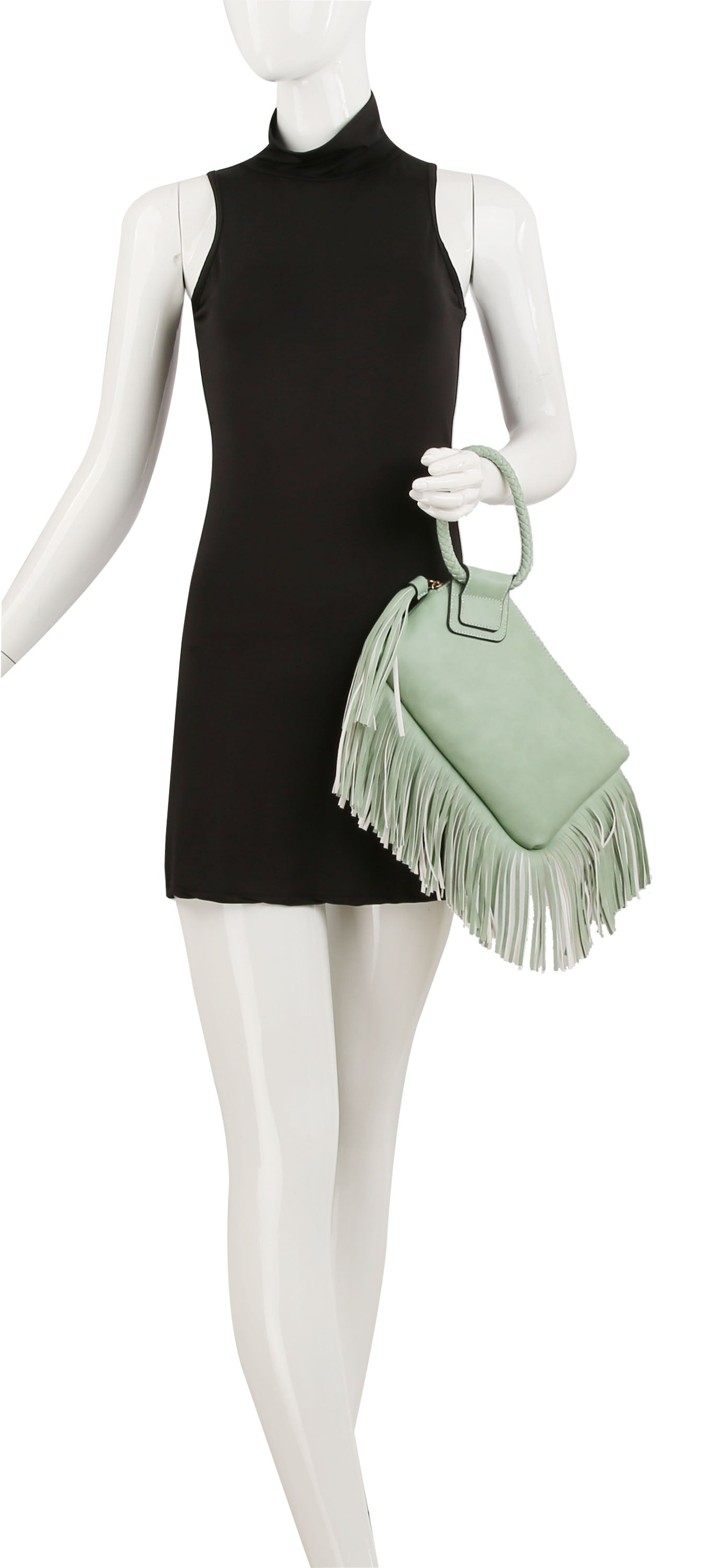 A mannequin in a sleeveless black mini dress holds the Fringe Accented Wristlet Clutch Bag, a mint green faux leather handbag with fringe details and gold-tone hardware, against a white background.