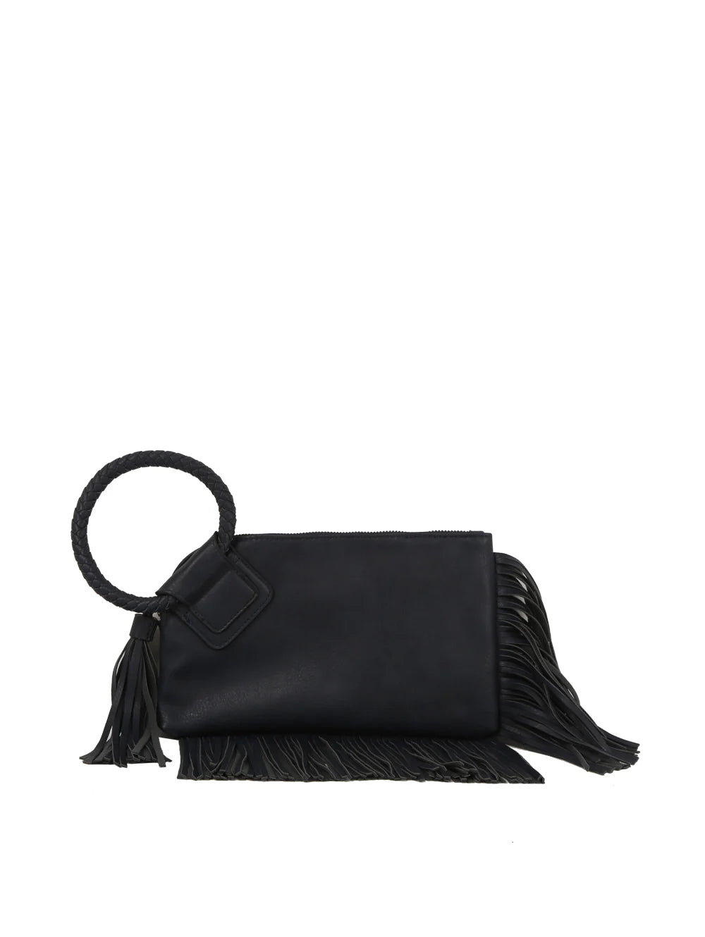 The Fringe Accented Wristlet Clutch Bag is a black faux leather accessory with a bold braided circular handle, side and bottom fringe accents, gold-toned hardware, and a secure zip closure.