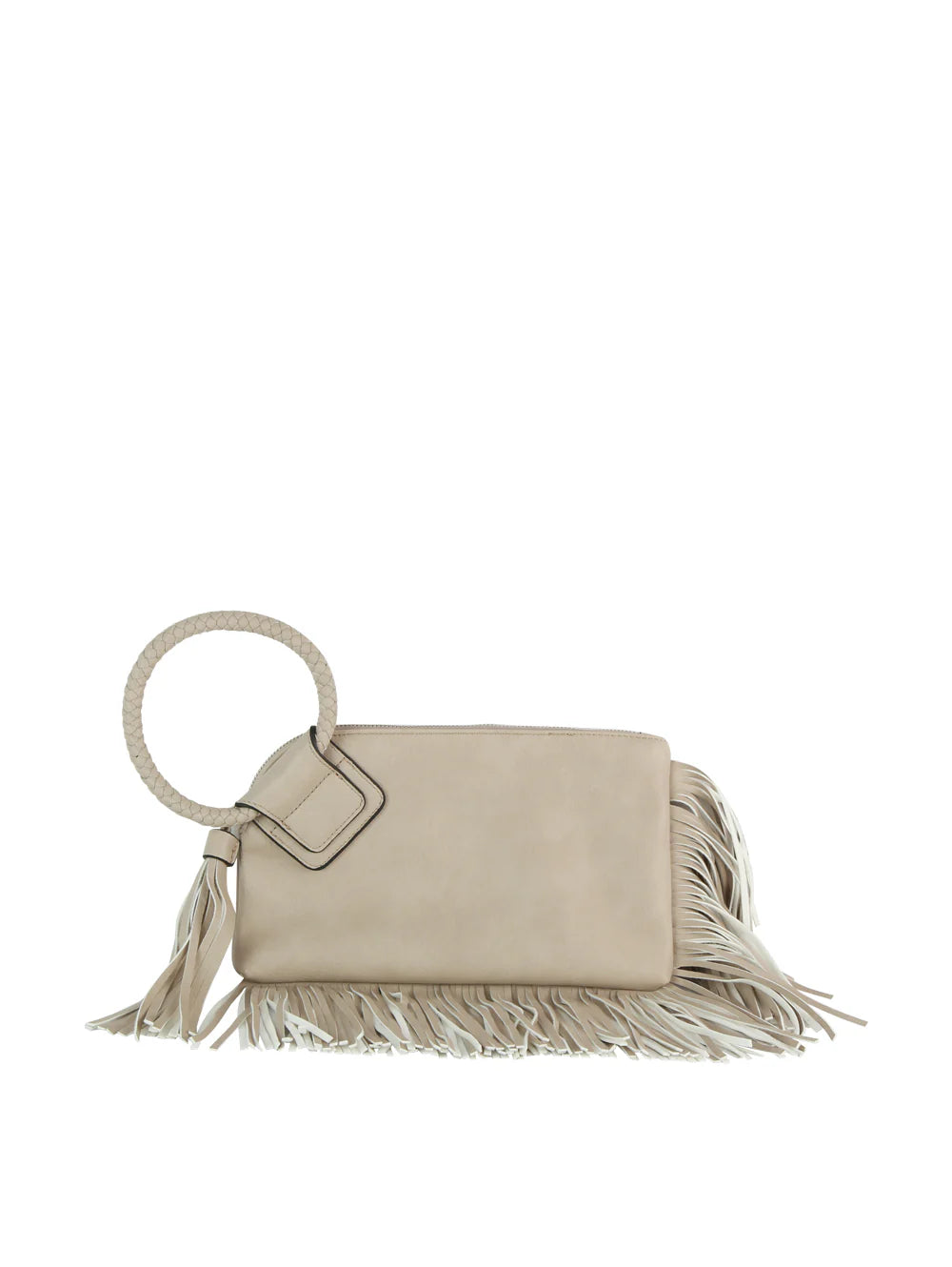 The Fringe Accented Wristlet Clutch Bag is a beige faux leather handbag with long fringe along the sides and bottom, featuring a large round handle wrapped in matching material at the top left and finished with a secure zip closure. Plain white background.