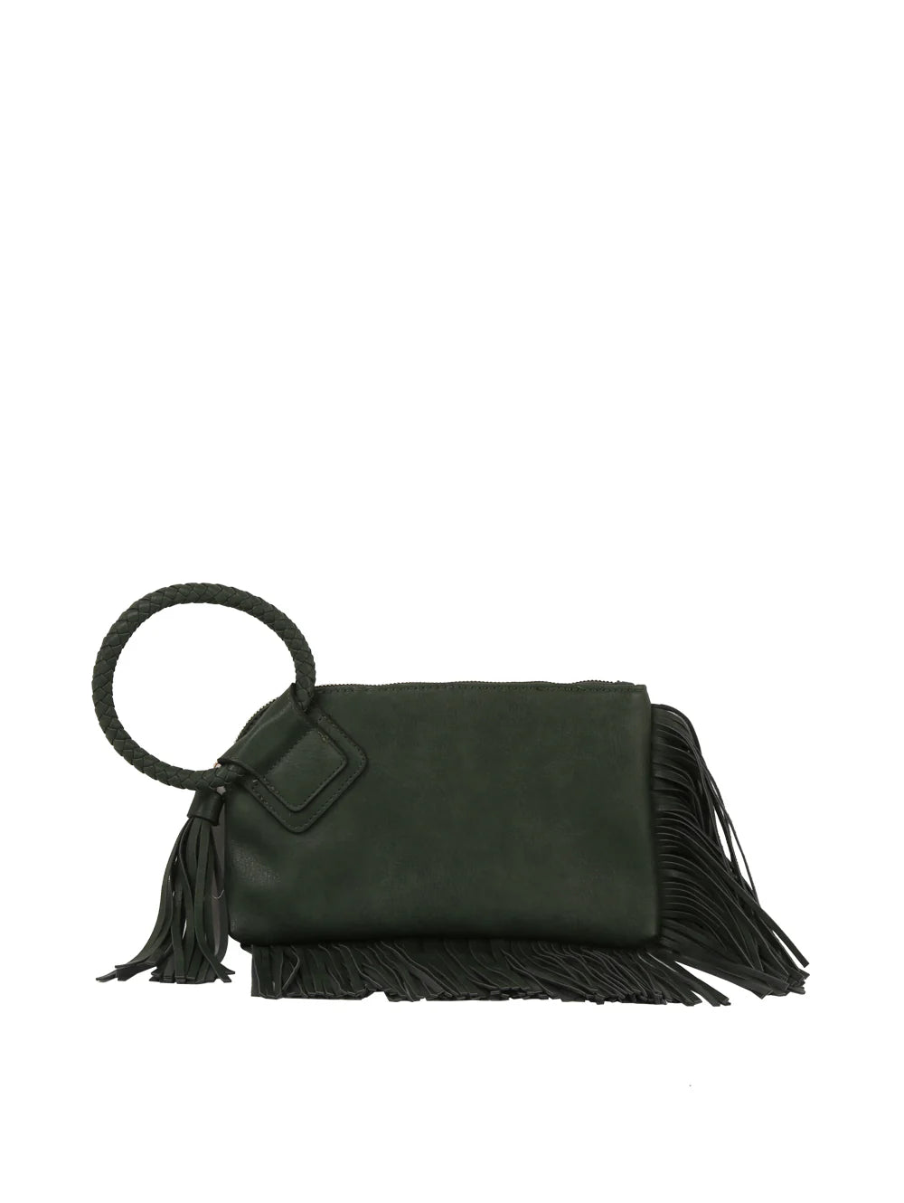 The Fringe Accented Wristlet Clutch Bag is a dark green faux leather clutch with fringe detailing, gold-tone hardware, and a large braided circular handle at one corner, shown against a white background.