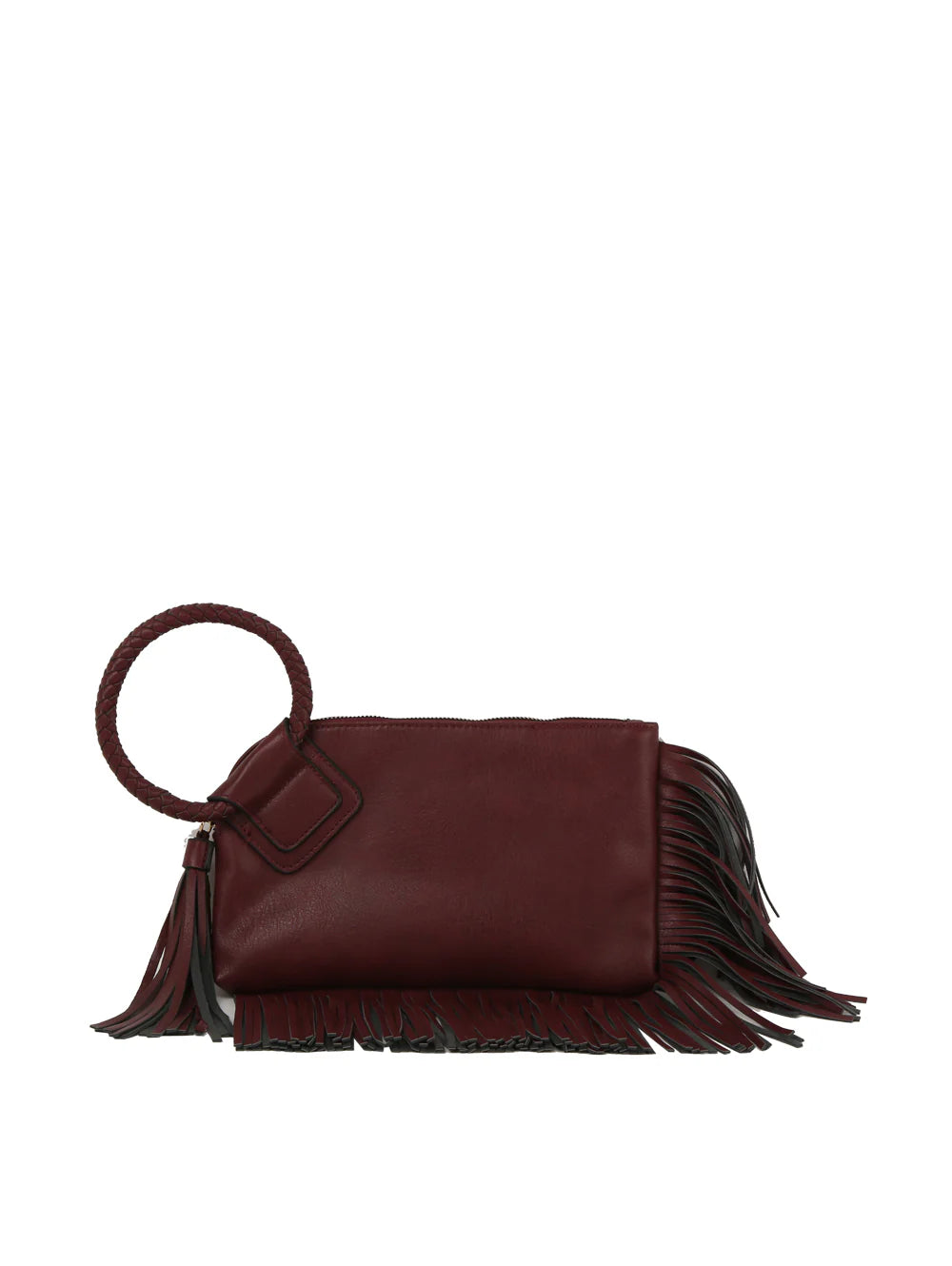 The Fringe Accented Wristlet Clutch Bag features maroon faux leather, gold-toned hardware, a round braided handle, and fringe accents on the sides and bottom, shown on a plain white background.