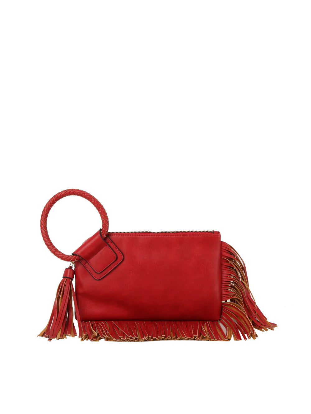 The Fringe Accented Wristlet Clutch Bag features red faux leather, a large circular handle, zip closure, and decorative fringe on the sides and bottom. The matching handle and tassel create a bold fashion statement.