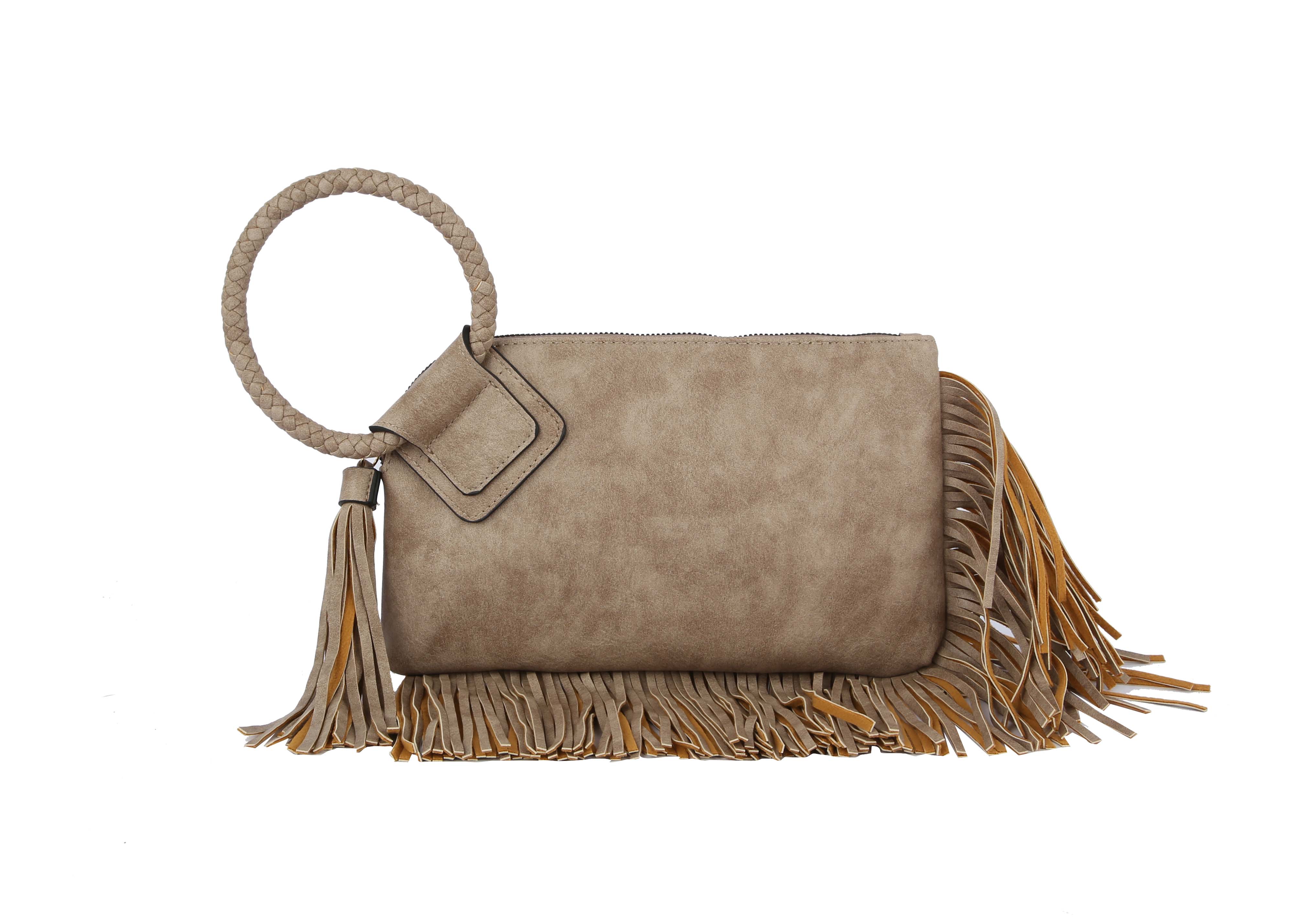The Fringe Accented Wristlet Clutch Bag features beige faux leather, a braided circular handle, gold-toned hardware, a large zip closure, and decorative fringe on the bottom and right edge, shown against a white background.