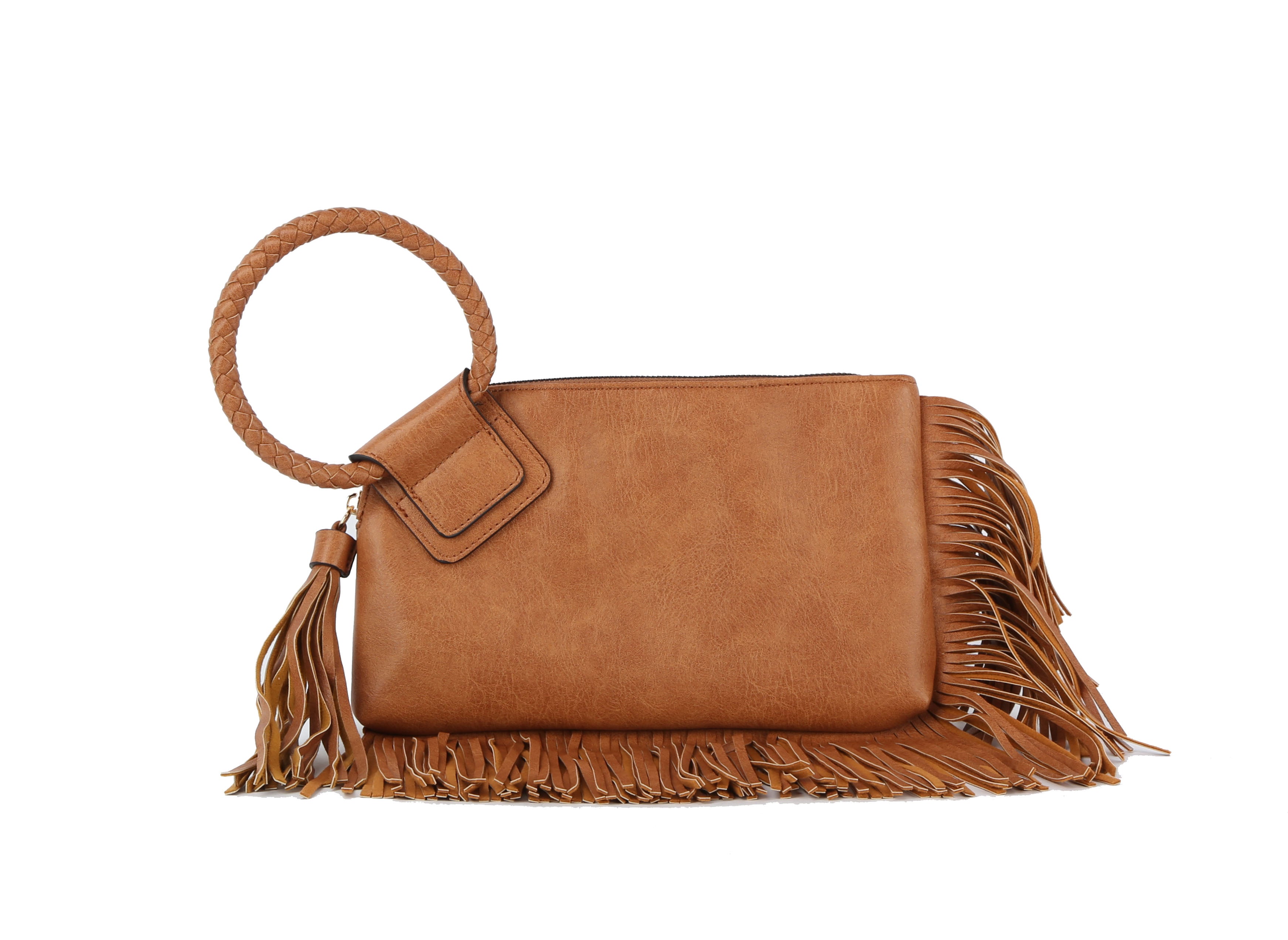The Fringe Accented Wristlet Clutch Bag features brown faux leather, a braided circular handle with a large tassel, fringe along the bottom and side, gold-toned hardware, zip closure, smooth texture, and a modern stylish design.