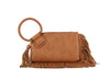 The Fringe Accented Wristlet Clutch Bag features brown faux leather, a braided circular handle with a large tassel, fringe along the bottom and side, gold-toned hardware, zip closure, smooth texture, and a modern stylish design.