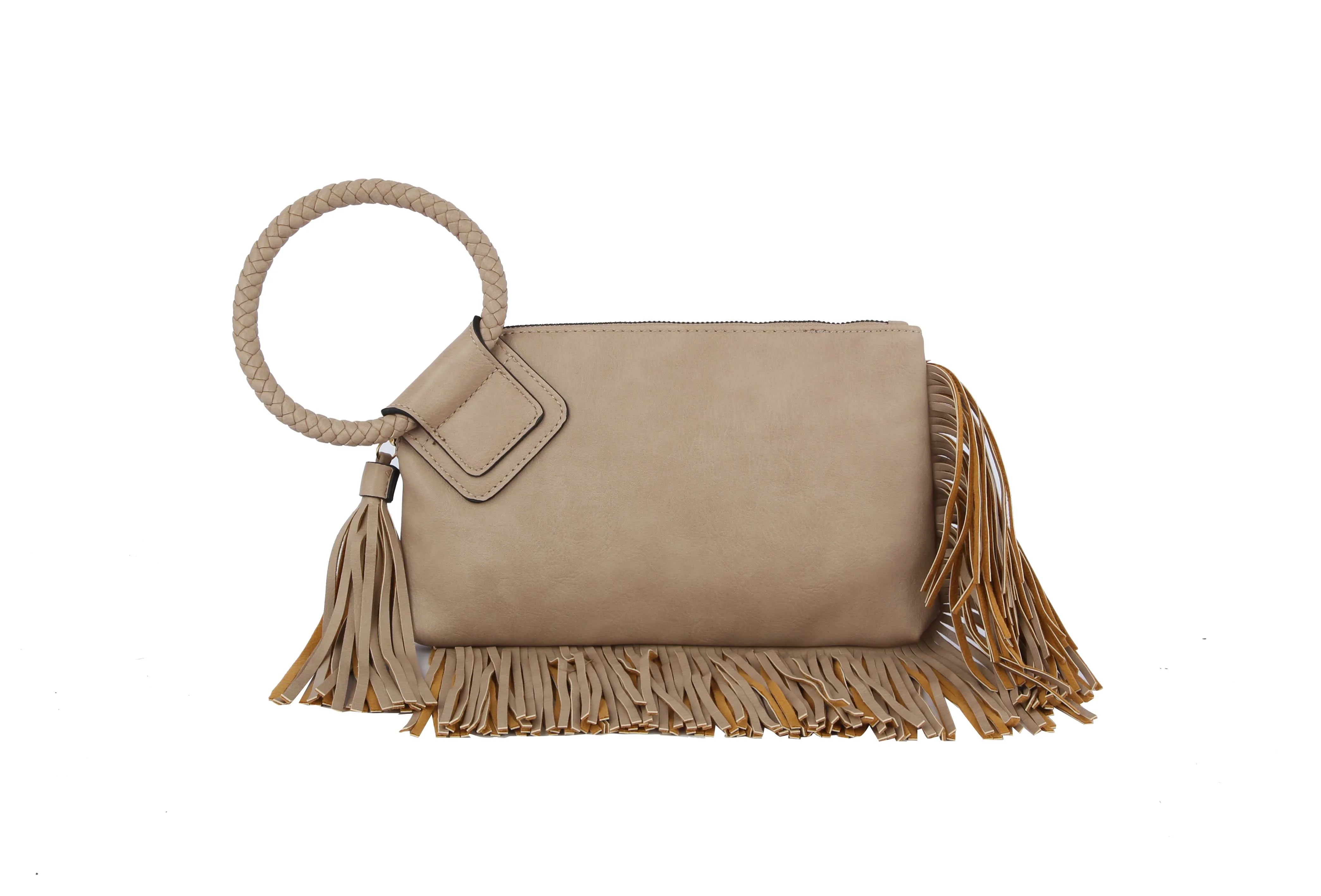 The Fringe Accented Wristlet Clutch Bag is a beige faux leather handbag with a large braided circular handle, tan fringe accents, gold-toned hardware, and a sleek zip closure. This minimalist clutch features no visible logos or patterns.