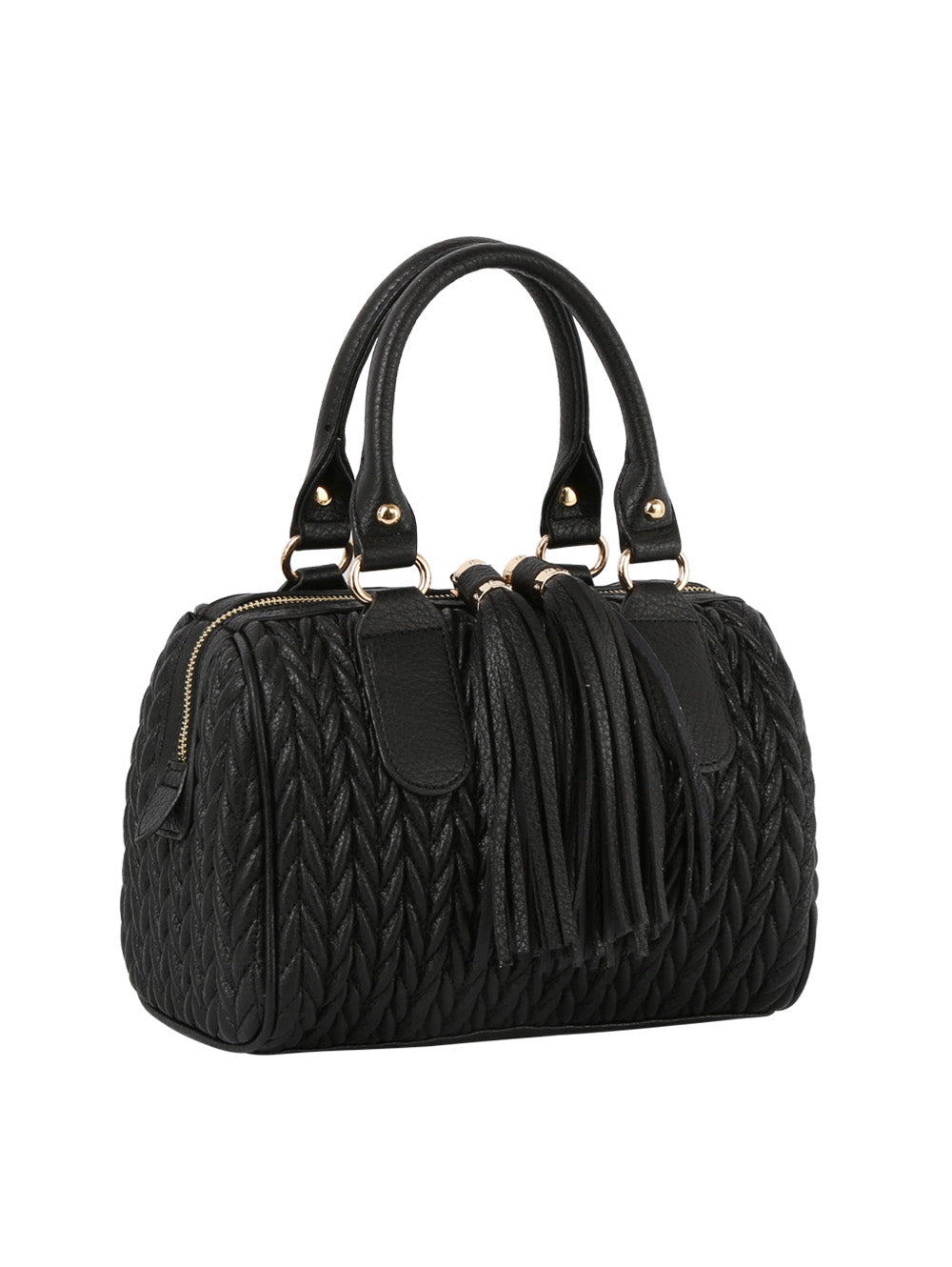 The Embossed Tassel Accented Satchel Handbag features a braided faux leather design, gold-tone hardware, double handles, decorative tassels, and a spacious interior that fits your essentials and is tablet compatible for extra convenience.