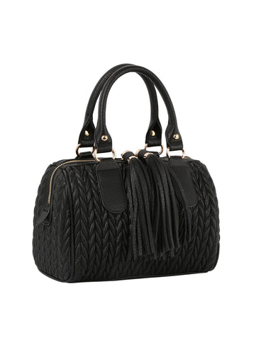 Embossed Tassel Accented Satchel Handbag