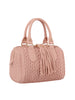The Embossed Tassel Accented Satchel Handbag features light pink faux leather with a quilted woven texture, double handles, gold hardware, and a large tassel on the zipper. This stylish purse is tablet compatible for convenience.