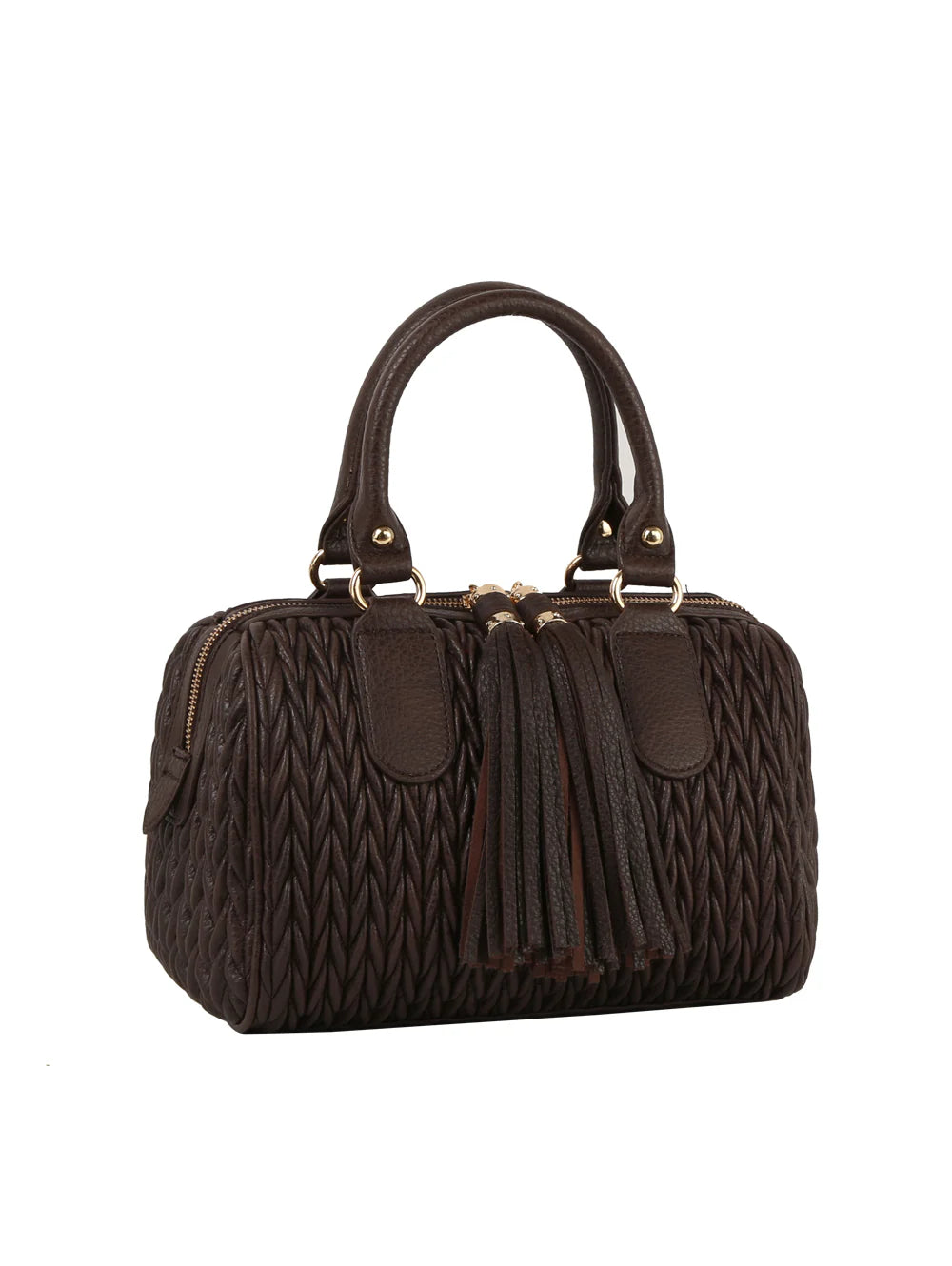 The Embossed Tassel Accented Satchel Handbag features dark brown faux leather, quilted design, double handles, gold-tone hardware, zip closure, and front tassels—perfect as a stylish, tablet-compatible bag.
