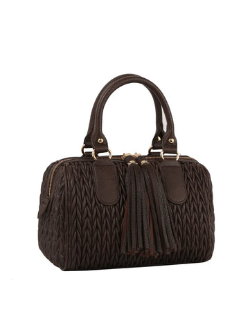 Embossed Tassel Accented Satchel Handbag