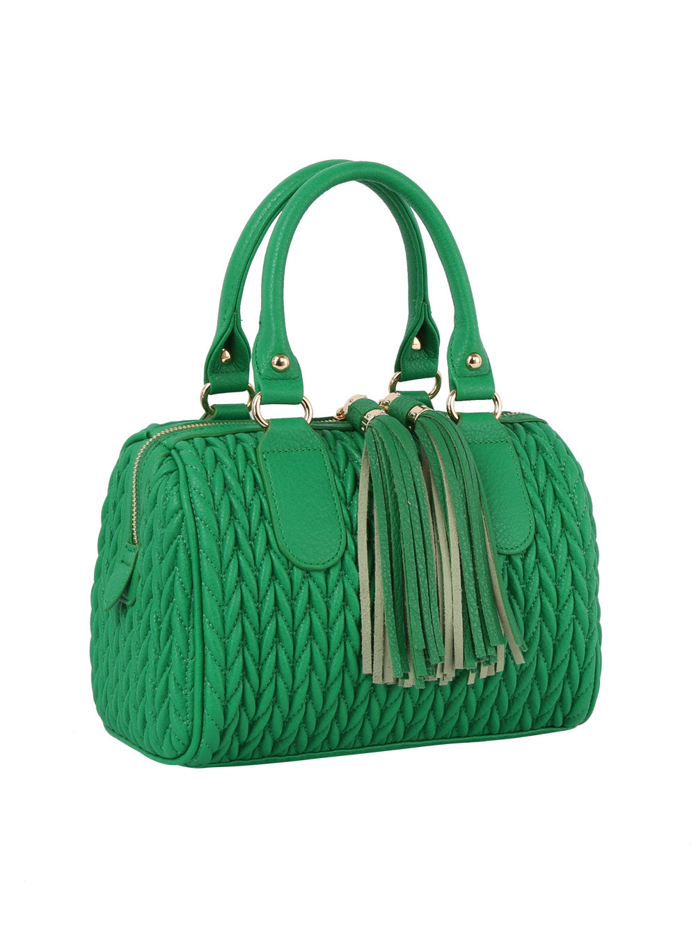 The Embossed Tassel Accented Satchel Handbag is a green faux leather purse with double handles, gold hardware, front tassel accents, a chevron texture, and a structured rectangular shape—stylish and practical for everyday use.