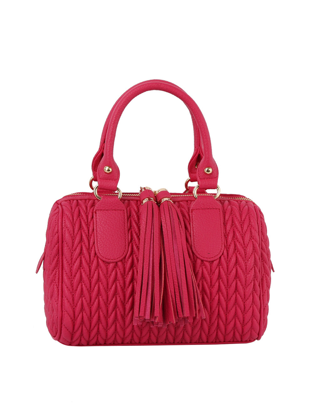The Embossed Tassel Accented Satchel Handbag is a small, bright pink faux leather bag with a textured braided pattern, gold hardware, two handles, and two large matching tassels on the zipper.