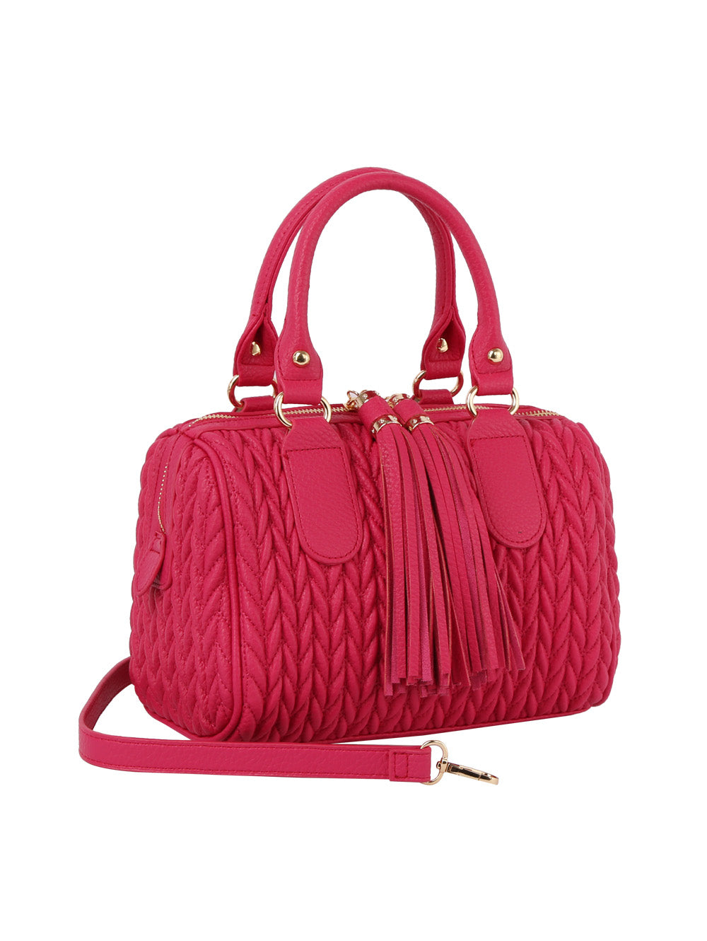 The Embossed Tassel Accented Satchel Handbag features bright pink faux leather, a braided texture, double handles, gold hardware, a detachable shoulder strap, and tassels—ideal for stylish tablet-friendly organization.