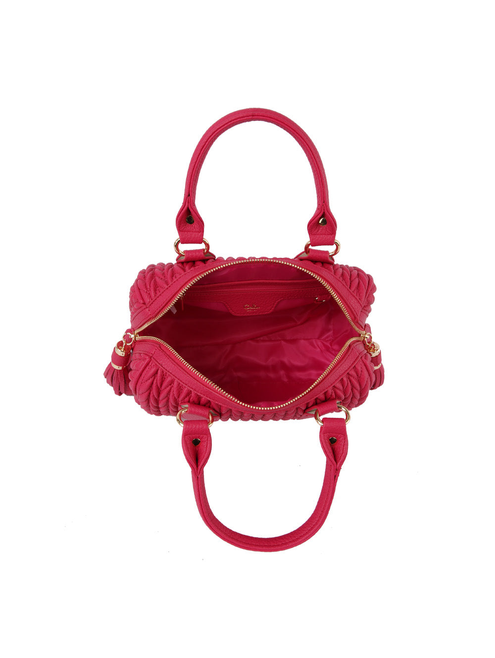 A top-down view of the Embossed Tassel Accented Satchel Handbag in pink with double handles and gold hardware, reveals its spacious, lined interior—ideal for carrying a tablet—set against a white background.