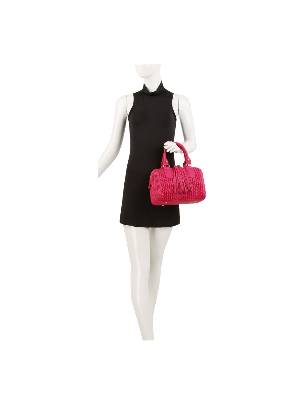 A mannequin in a sleeveless black mini dress holds the Embossed Tassel Accented Satchel Handbag in bright pink faux leather with double handles and bow detail, set against a white background.