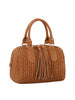 The Embossed Tassel Accented Satchel Handbag features a tan faux leather finish, double handles, gold-tone hardware, zipper closure, front tassel accents, and a knitted texture. This stylish purse is also tablet compatible.
