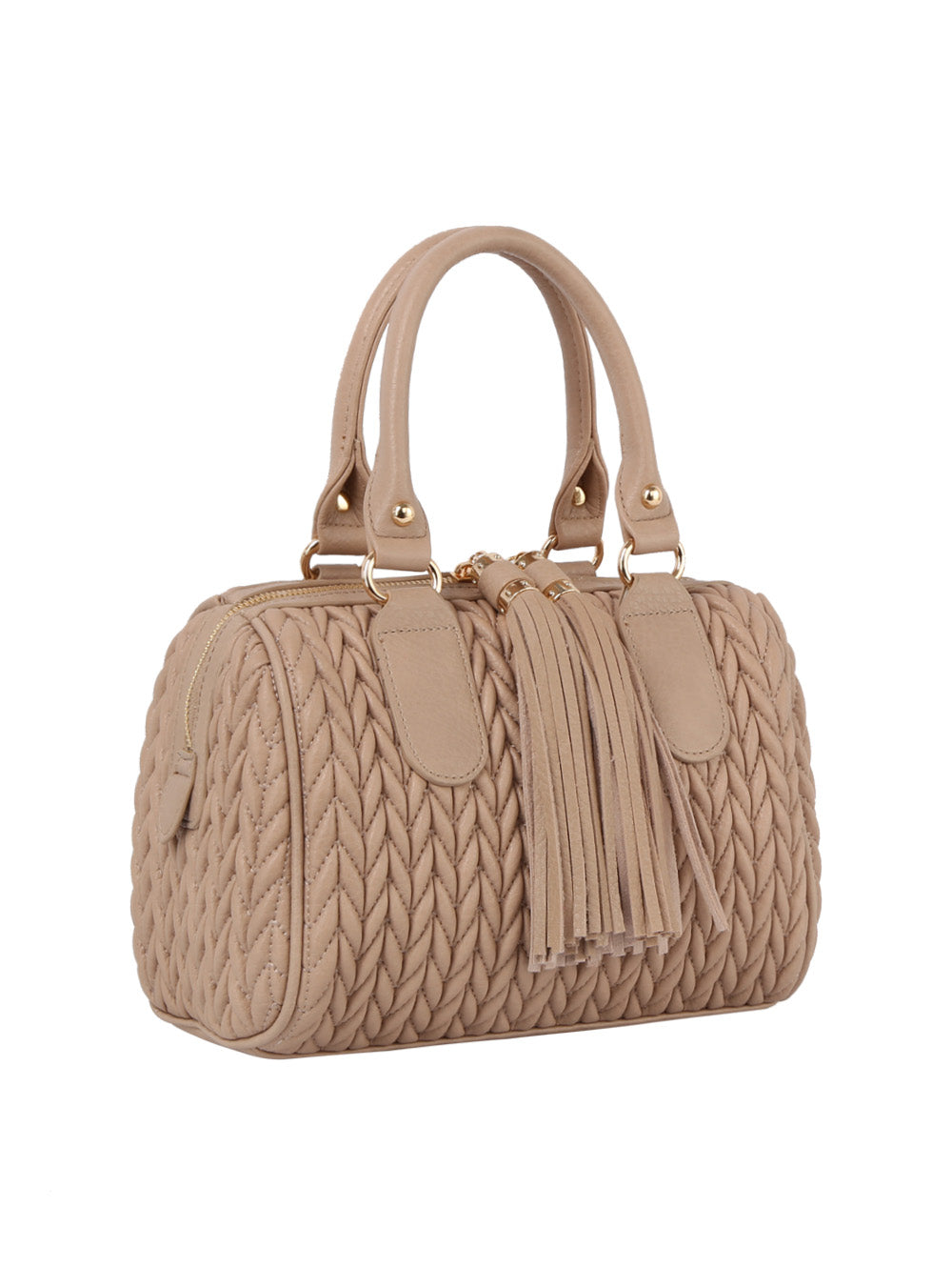 The Embossed Tassel Accented Satchel Handbag features beige textured faux leather, woven pattern, gold hardware, dual handles, and a decorative tassel—stylish and fits your tablet plus daily essentials.