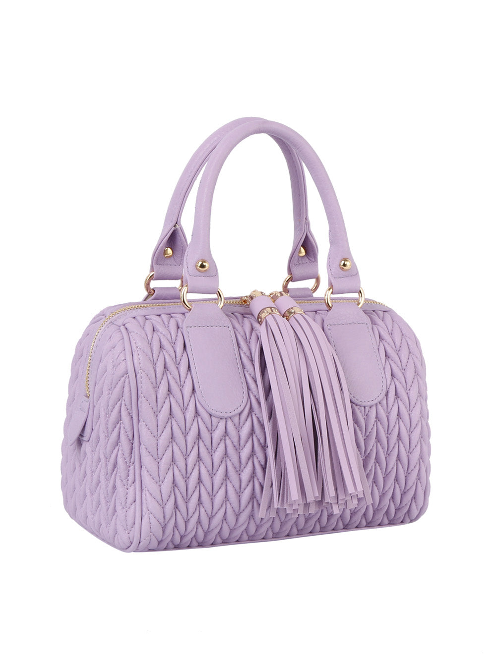 The Embossed Tassel Accented Satchel Handbag features lavender faux leather, quilted braided patterns, dual handles, gold-tone hardware, and decorative front tassels—perfect for a stylish look.