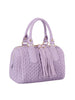 The Embossed Tassel Accented Satchel Handbag features lavender faux leather, quilted braided patterns, dual handles, gold-tone hardware, and decorative front tassels—perfect for a stylish look.