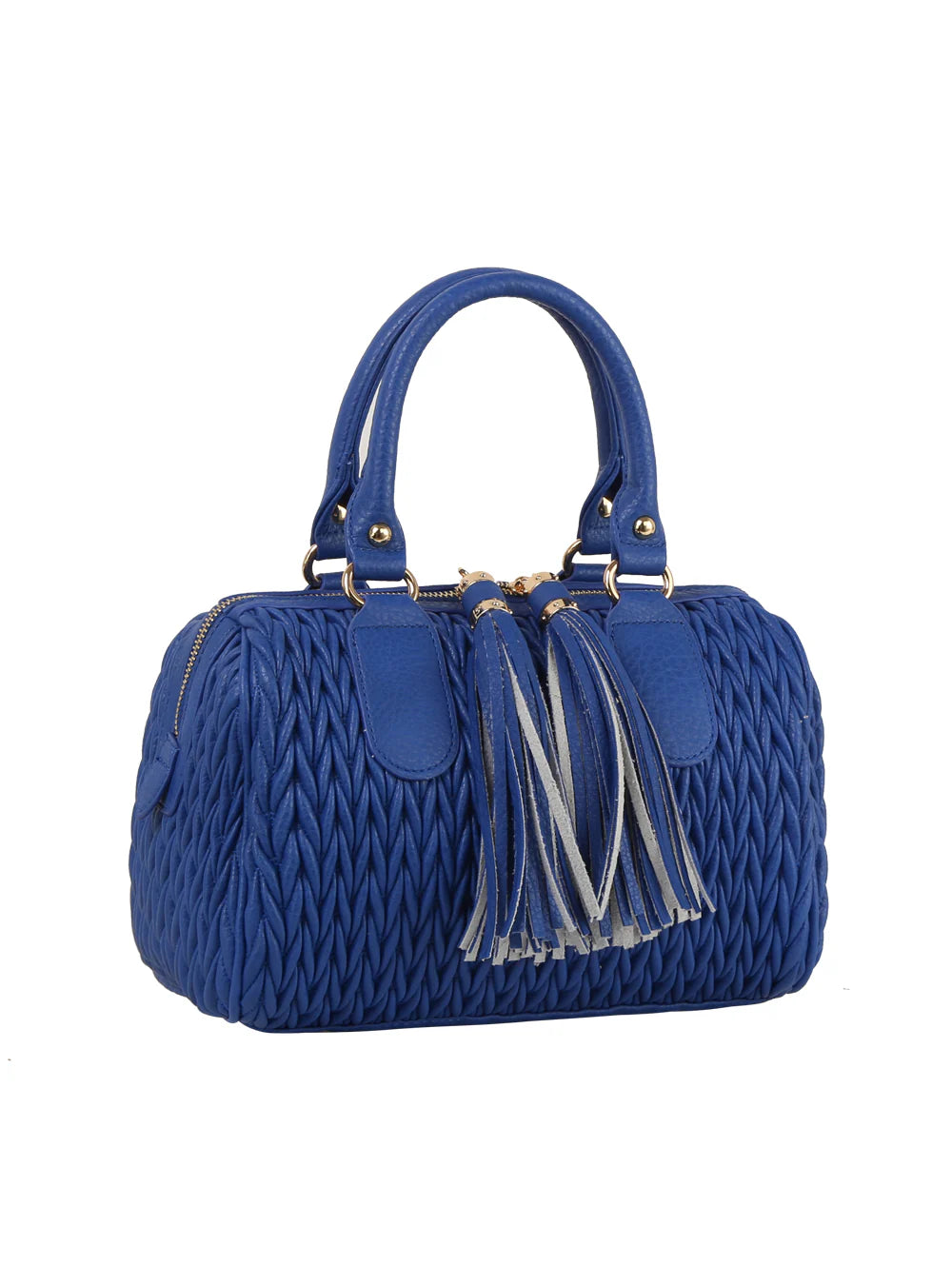 The Embossed Tassel Accented Satchel Handbag features blue faux leather with a woven texture, double handles, zip closure, and decorative front tassels.
