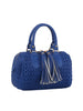 The Embossed Tassel Accented Satchel Handbag features blue faux leather with a woven texture, double handles, zip closure, and decorative front tassels.