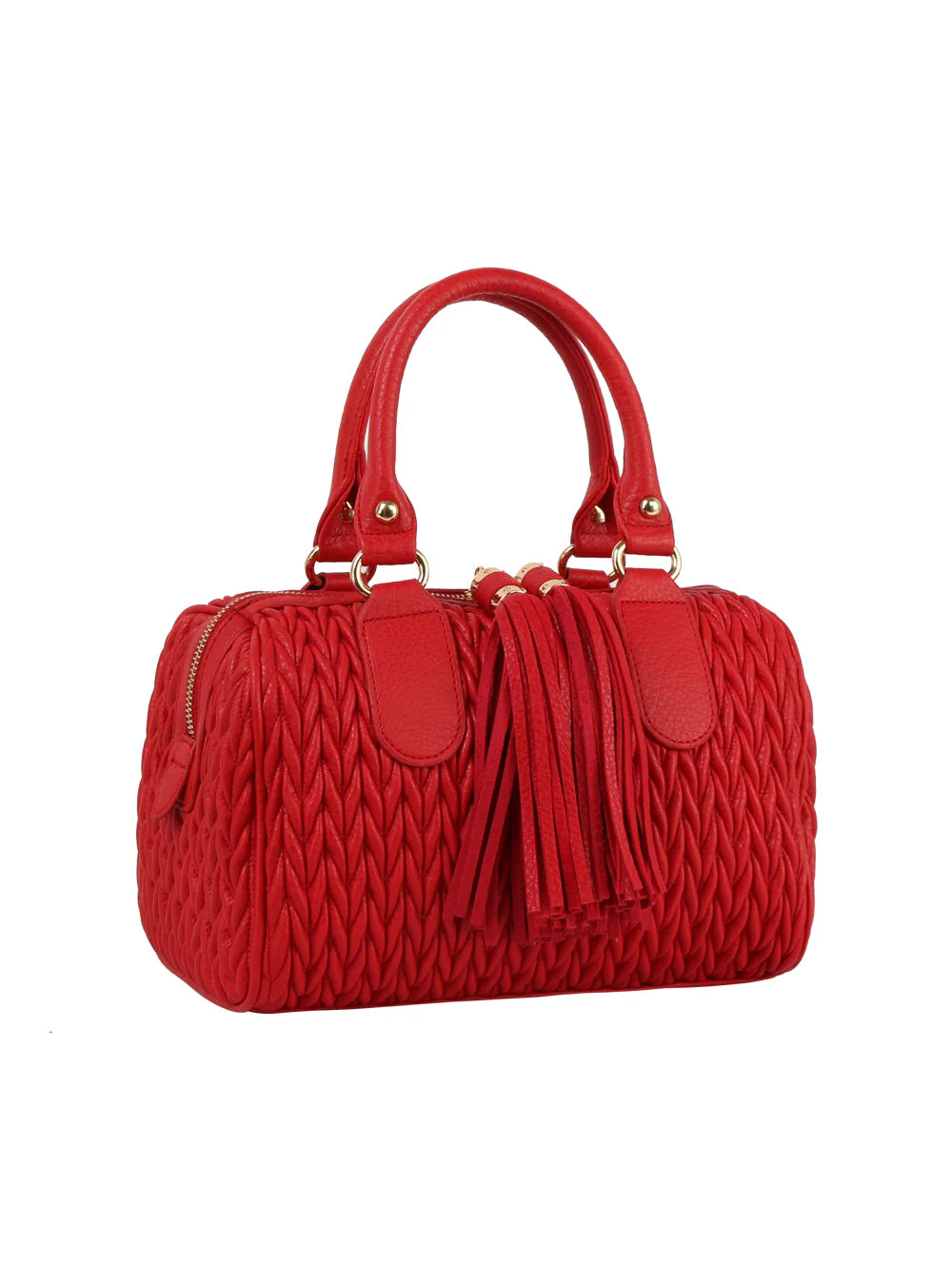 The Embossed Tassel Accented Satchel Handbag features red faux leather with a woven texture, gold hardware, two handles, and a decorative tassel on the zipper—stylish and practical for everyday use.