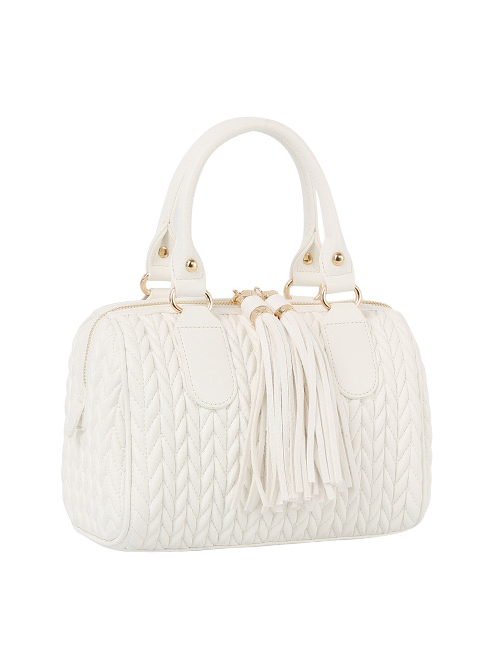 The Embossed Tassel Accented Satchel Handbag is a small white faux leather purse with quilted design, double handles, stylish gold hardware, and a large tassel zipper, perfect for adding chic elegance to your everyday look.