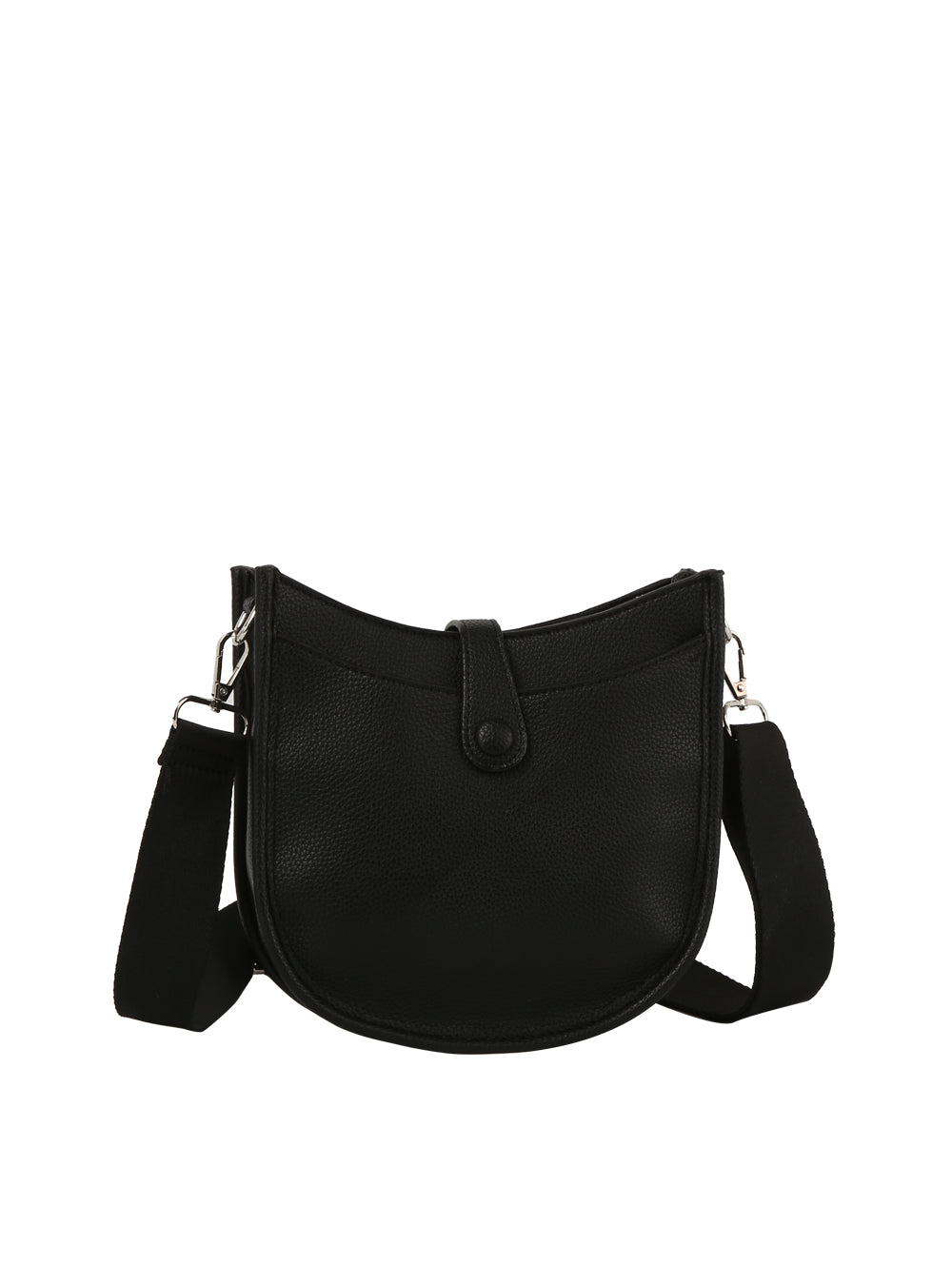 The Chic Saddle Bag Design Shoulder Bag is a black faux leather bag with a front flap, snap button and top zip closures, wide adjustable strap, silver hardware, shown on a white background.