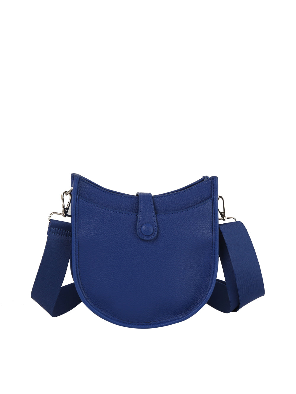 The Chic Saddle Bag Design Shoulder Bag features blue faux leather, a rounded shape, textured material, flap button closure, and an adjustable wide strap. Photographed as a crossbody on a plain white background.