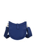 The Chic Saddle Bag Design Shoulder Bag features blue faux leather, a rounded shape, textured material, flap button closure, and an adjustable wide strap. Photographed as a crossbody on a plain white background.