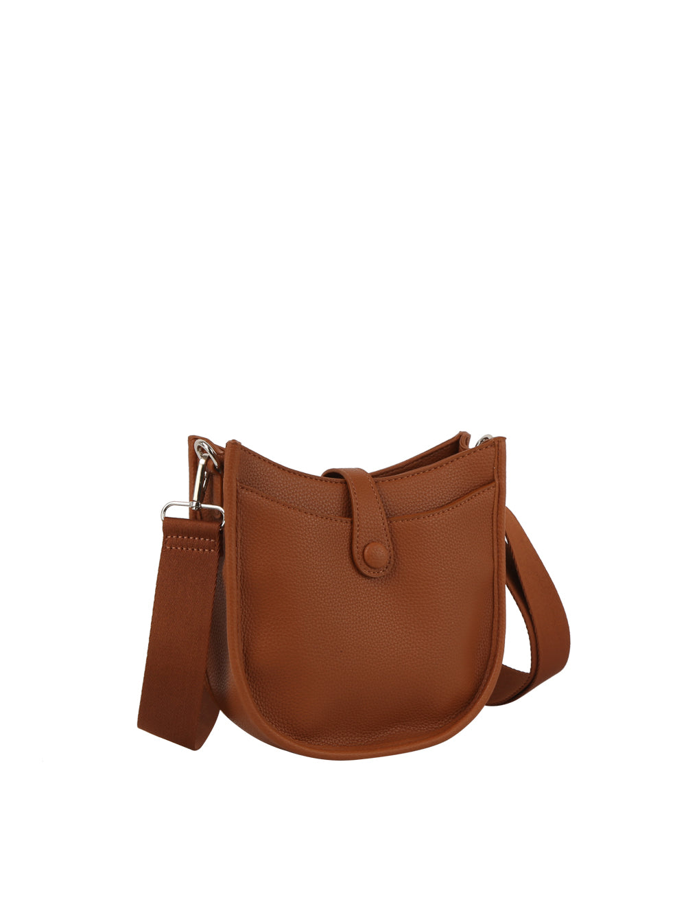 The Chic Saddle Bag Design Shoulder Bag is a small brown faux leather bag featuring a wide adjustable strap, front pocket, and snap button closure, shown against a plain white background.