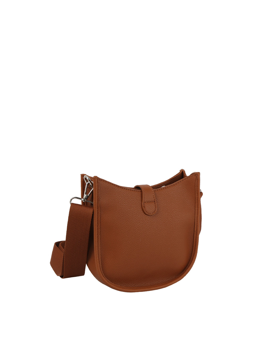 The Chic Saddle Bag Design Shoulder Bag is a brown faux leather bag with a wide adjustable strap, flap, and top zip closure, shown against a plain white background.